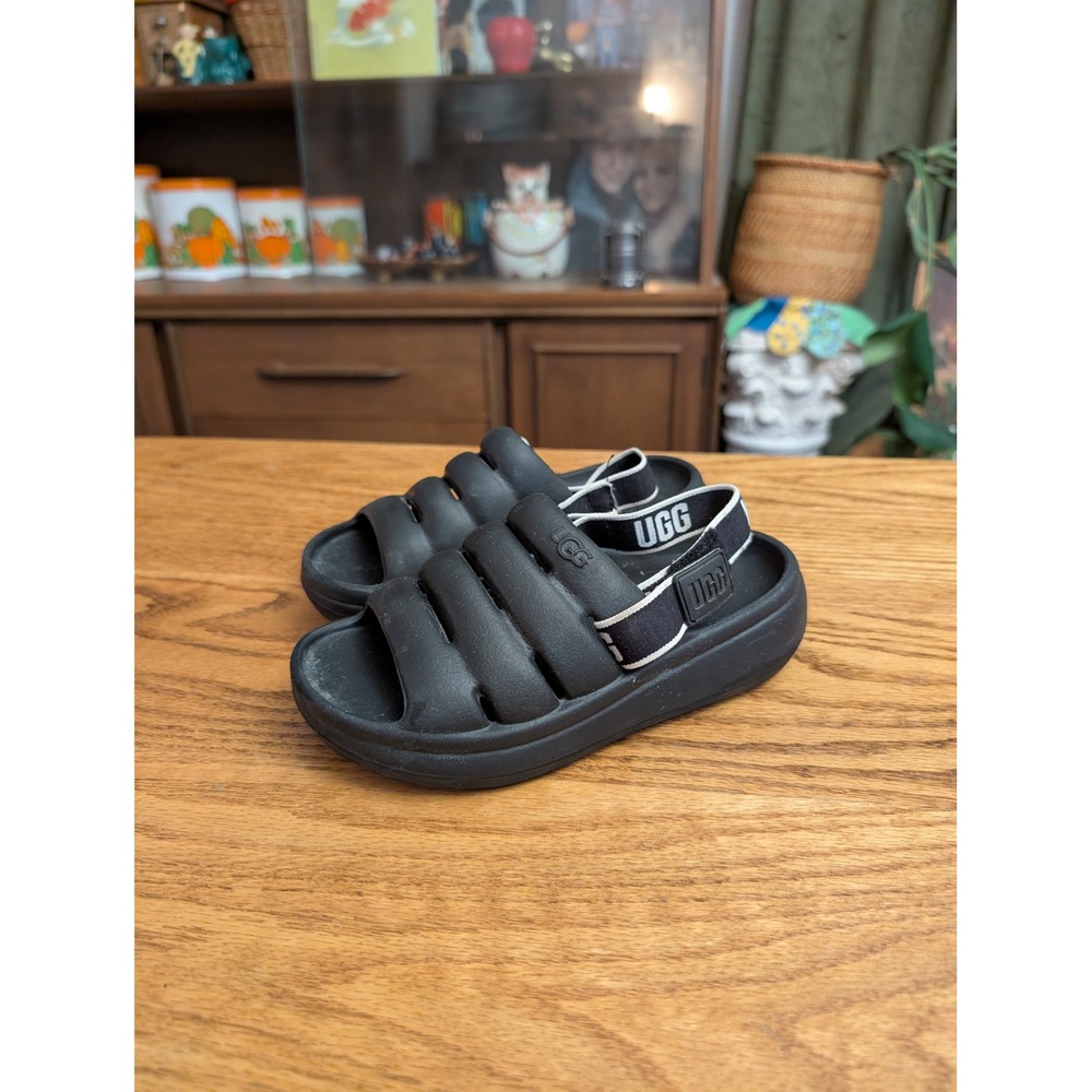 UGG Sport Yeah Kids Black Logo Strap Foam Slide Sandals 1129050K